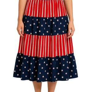 Vintage Patriotic Flag Prairie Multi Color Patchwork Print Ruffled Tiered Skirt
